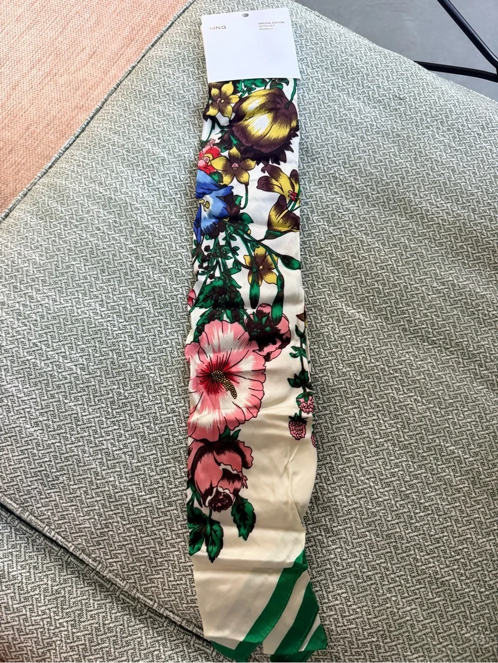Mango Cream Silk Scarf with Green Border and Pink Floral Print